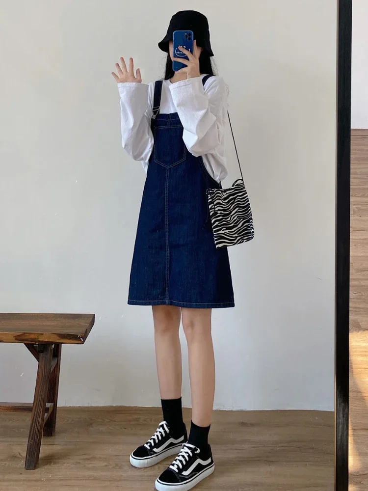 Denim Mini sukienki damskie luźne, solidne, delikatne Ulzzang Vintage Casual kwadratowy kołnierzyk letni College leniwy cały mecz Streetwear nastolatki — zdjęcie 4