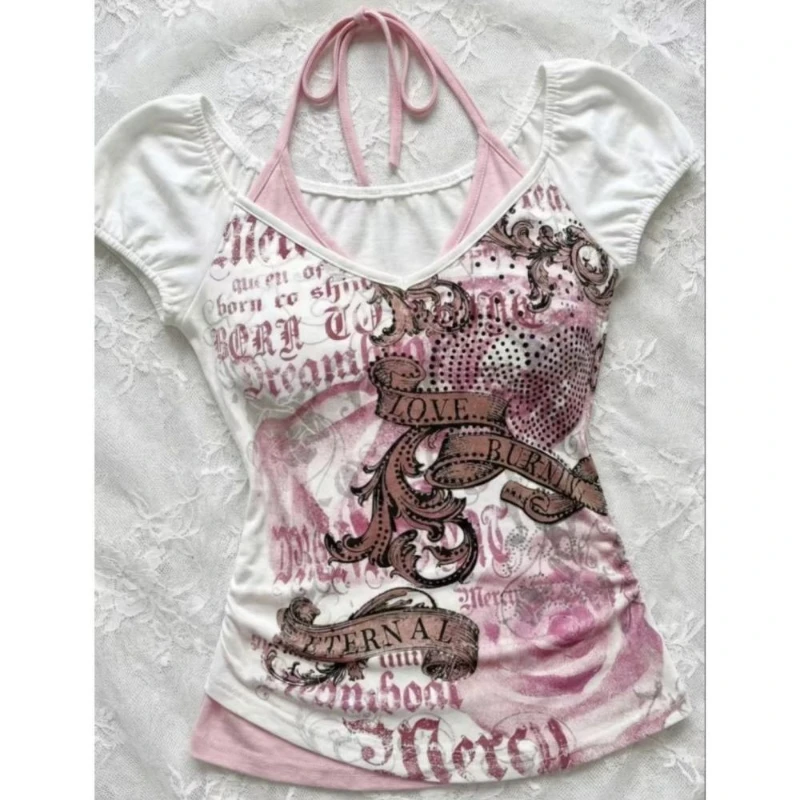 

HOUZHOU Vintage Y2k Graphic Tshirts Women Harajuku Grunge False Two-piece Tops Japanese Style Gothic Print Short Sleeve T-Shirts