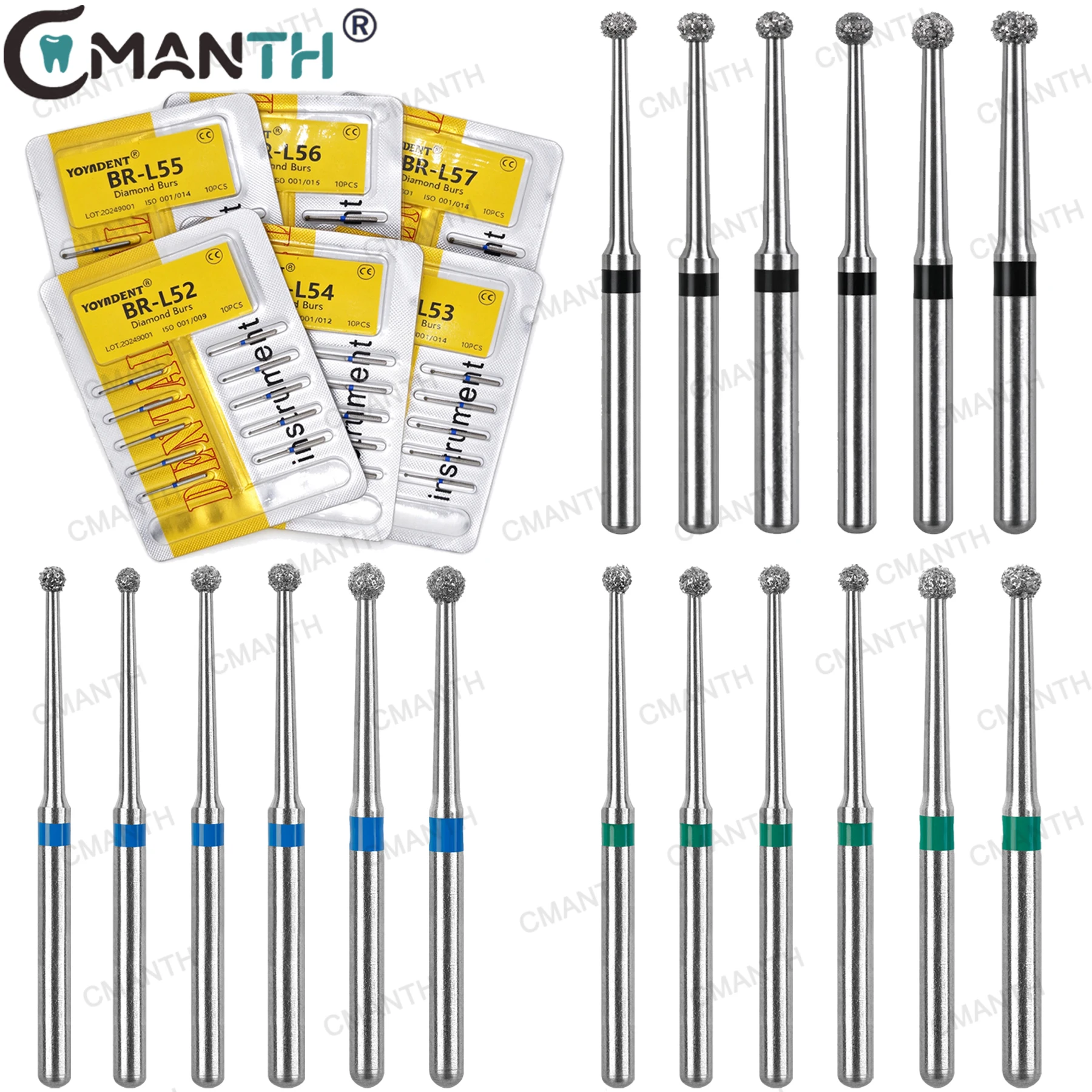 Dental Diamond Burs Long Neck Round Ball FG 1.6mm Dentistry Surgical Drills Cavity Preparation for High Speed Handpiece 10Pcs