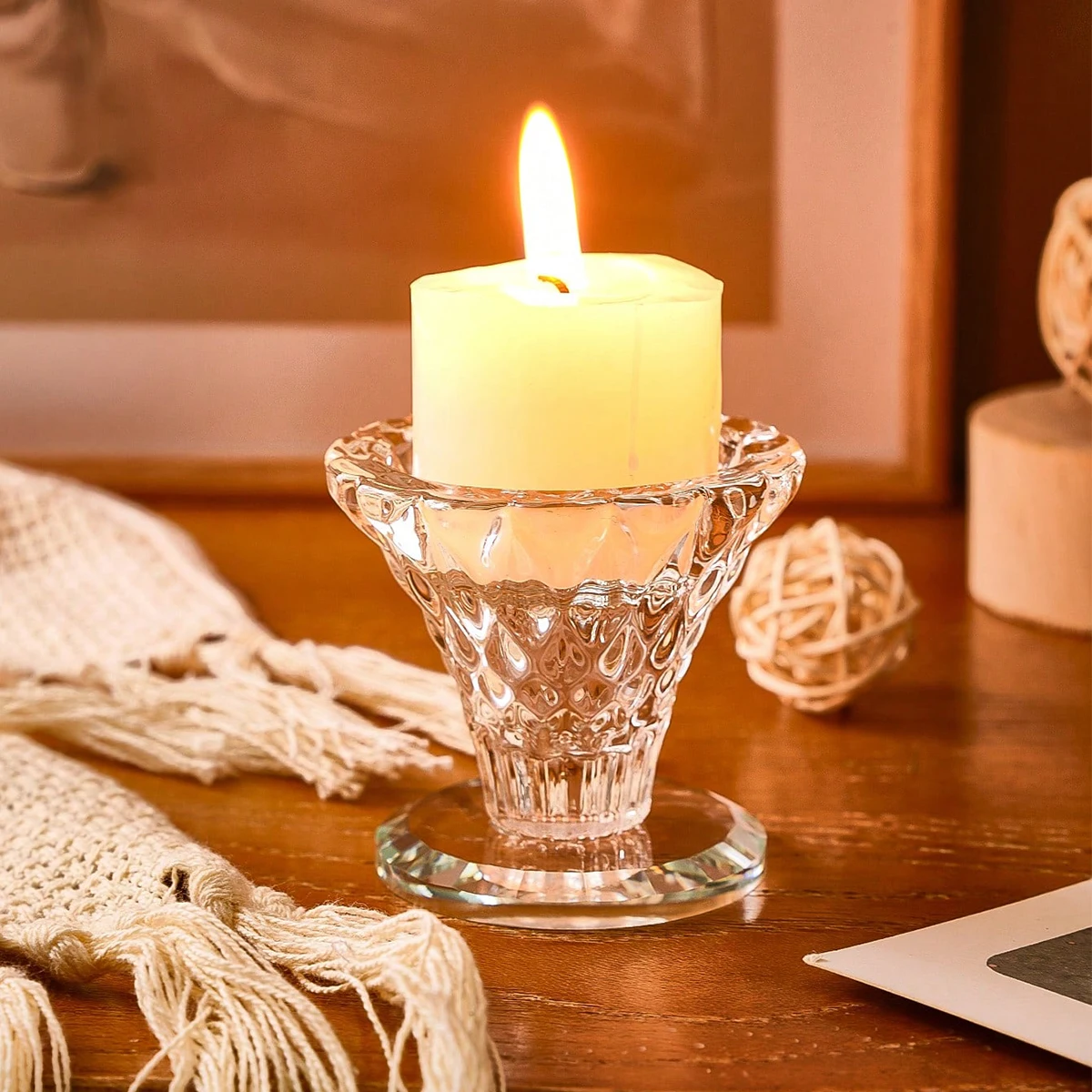 1 STÜCK, moderner Kristallglas-Kerzenständer mit Rautenmuster, 2,1 * 2,3 Zoll Glasmaterial, kleiner runder Kerzenkerzenständer