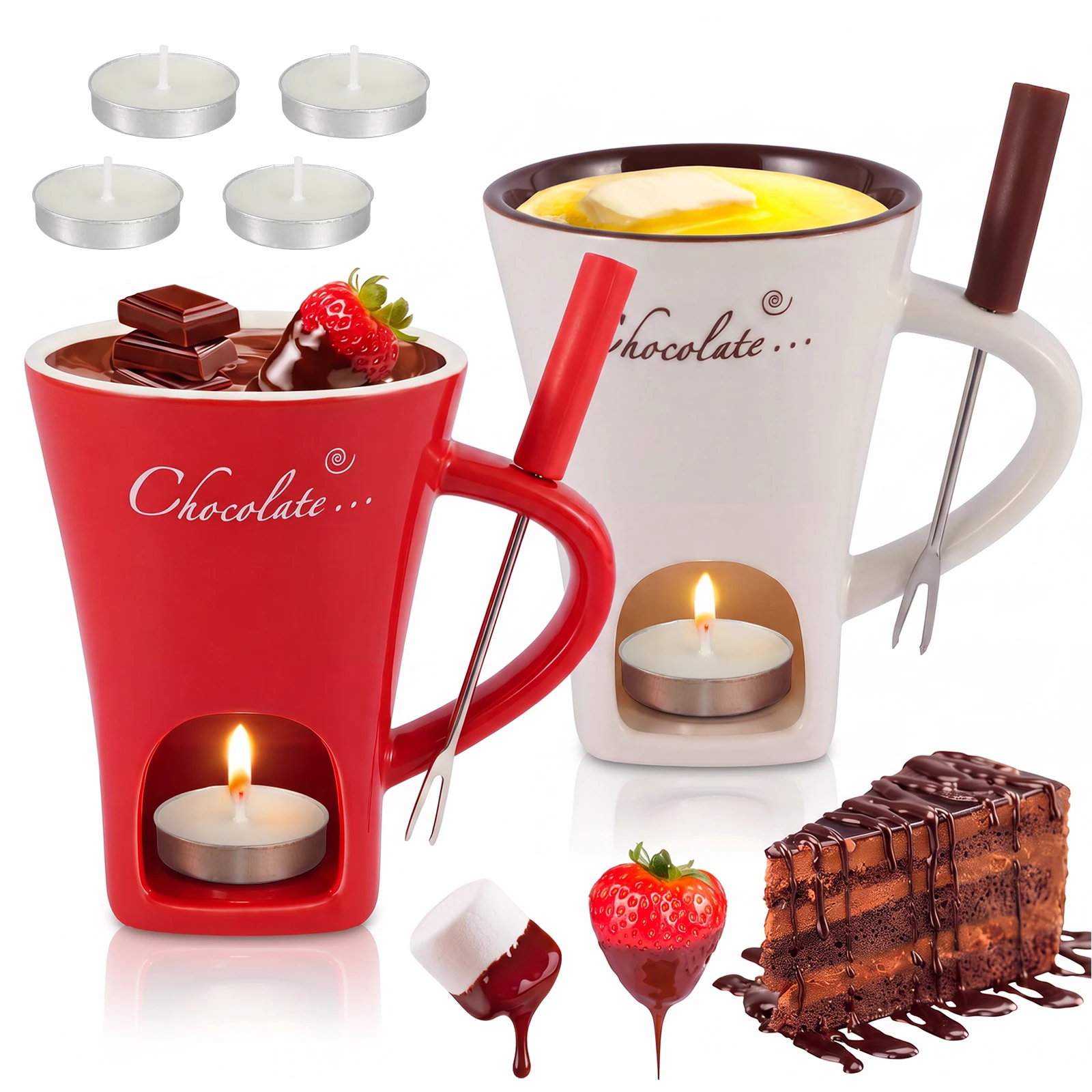 2Pcs Chocolate Fondue Mug Melting Cups with Forks and Tealights Heat Resistant Cheese Chocolate Melting Cup for Caramel Butter