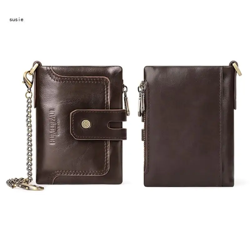 

X7YA Men's Everyday Safe Trifold Wallet with Double Zippered Coin Pocket Antitheft Chain PU Leather Purse Pouches for Travel