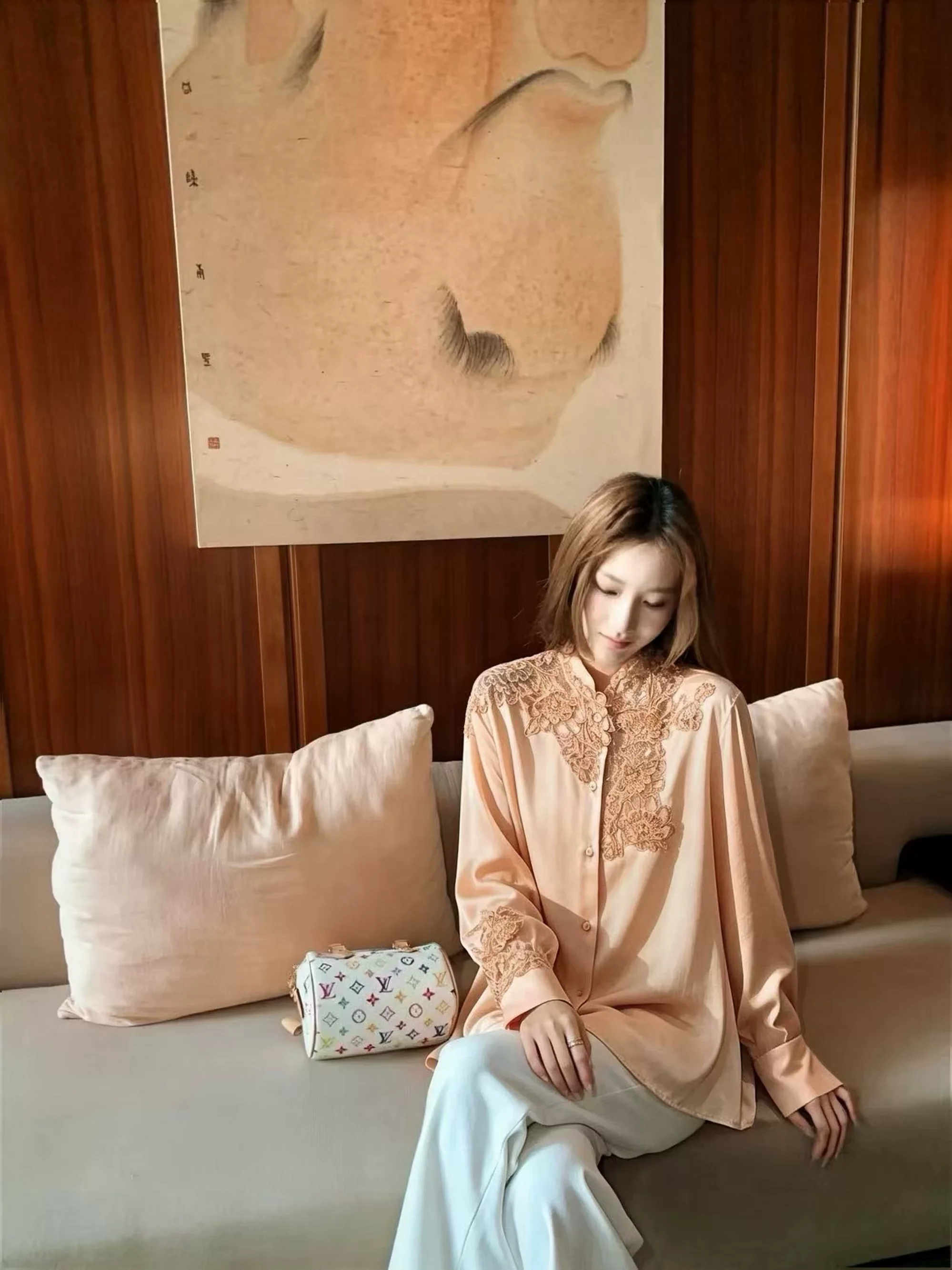 Mulberry Silk Shirt Luxury Floral Guipure Lace Blouse Pearl White Blush Pink Long Sleeve Designer Top