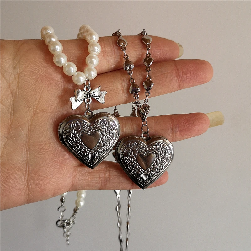 Kpop Goth Harajuku Aesthetic Bow Heart Pendant Pearl Necklace For Women Egirl Y2k 2000s EMO Vintage Punk Jewelry Accessories