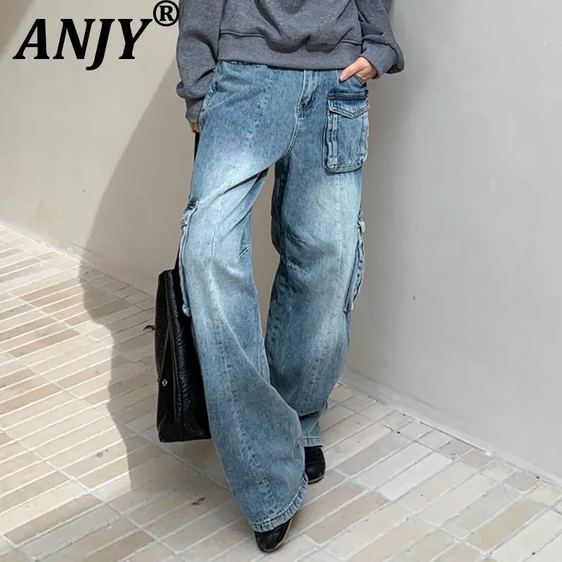 

ANJY Autumn Winter New Women American Fashion Heavy Industry Multi-Pockets Cargo Jeans Trend Street Versatile Denim Pants A17841
