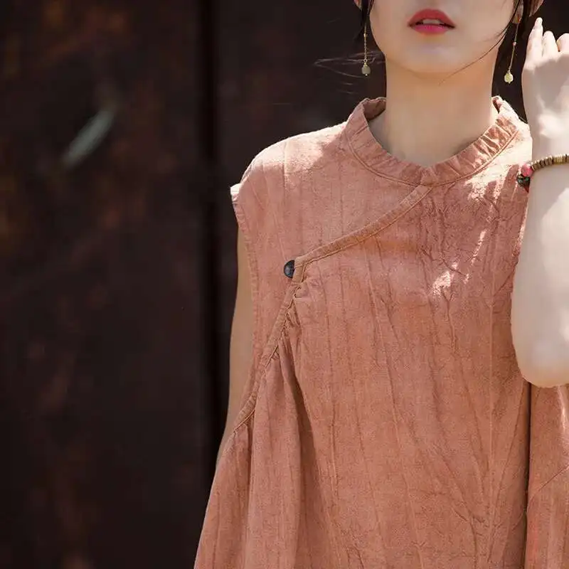 UMI MAO – Robe d'été fine, élégante, en lin et coton, faite à la main, teint par nouage, Style chinois, originale, sans manches, robes longues pour femmes