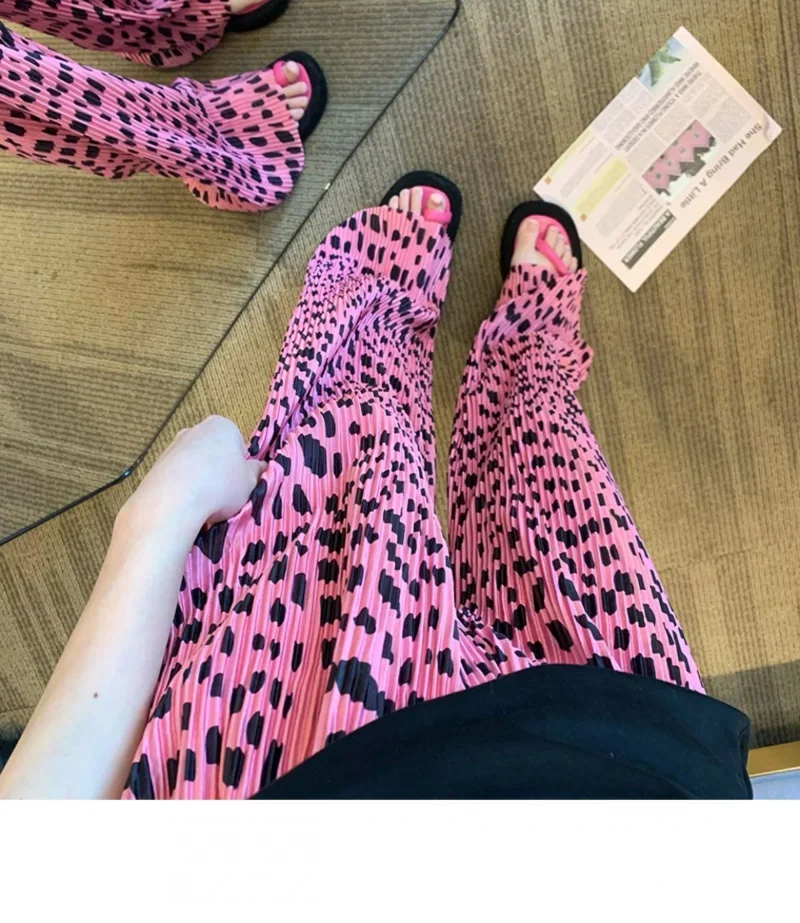 2026 retro y2k feminino rosa leopardo impressão calças de perna larga cintura alta plissado flowy até o chão para estilo rua
