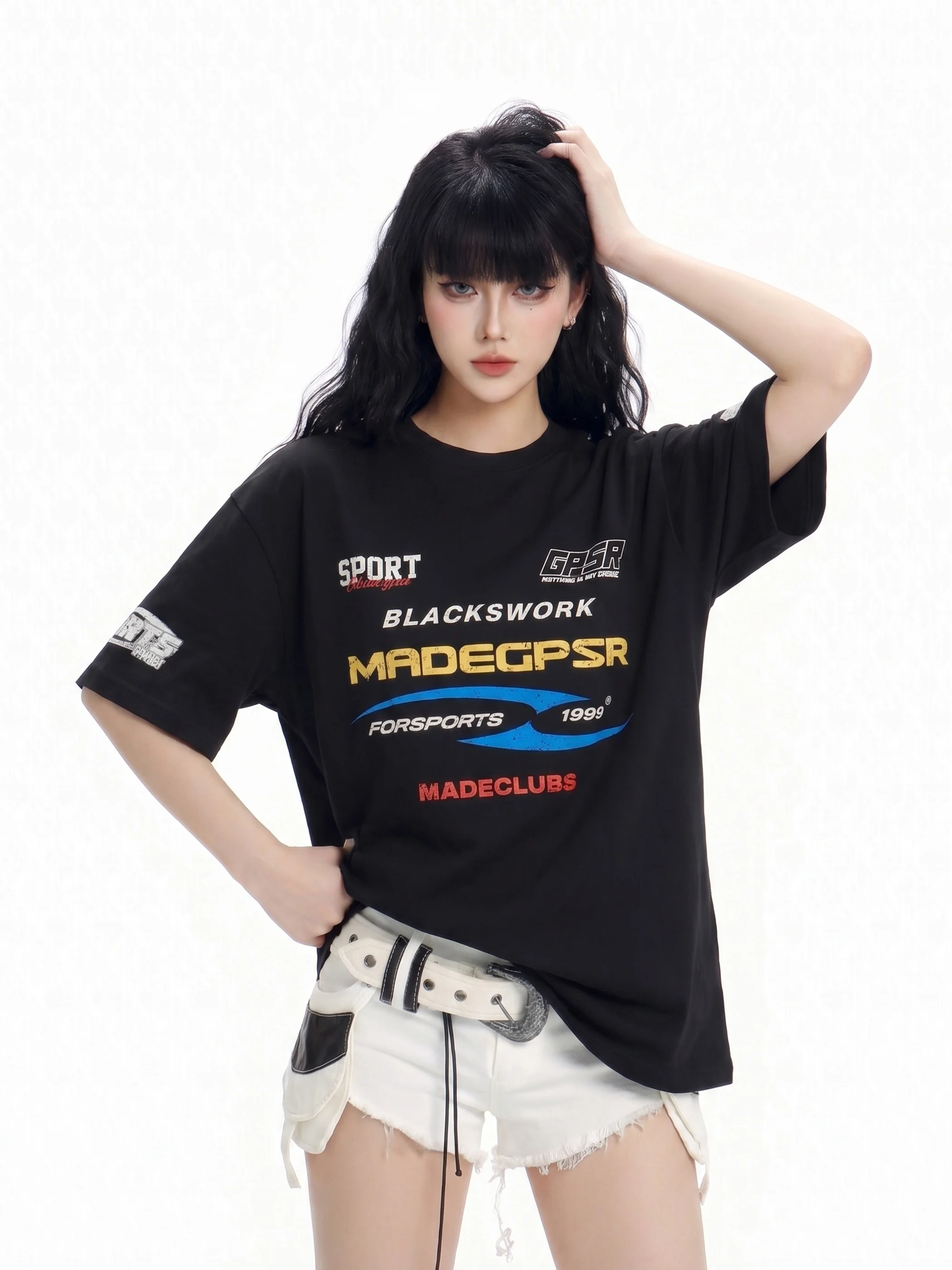 

Washed Vintage Crack Print Racing Short Sleeve T-Shirt Women's Loose Fit American High Street Couple's Casual Top