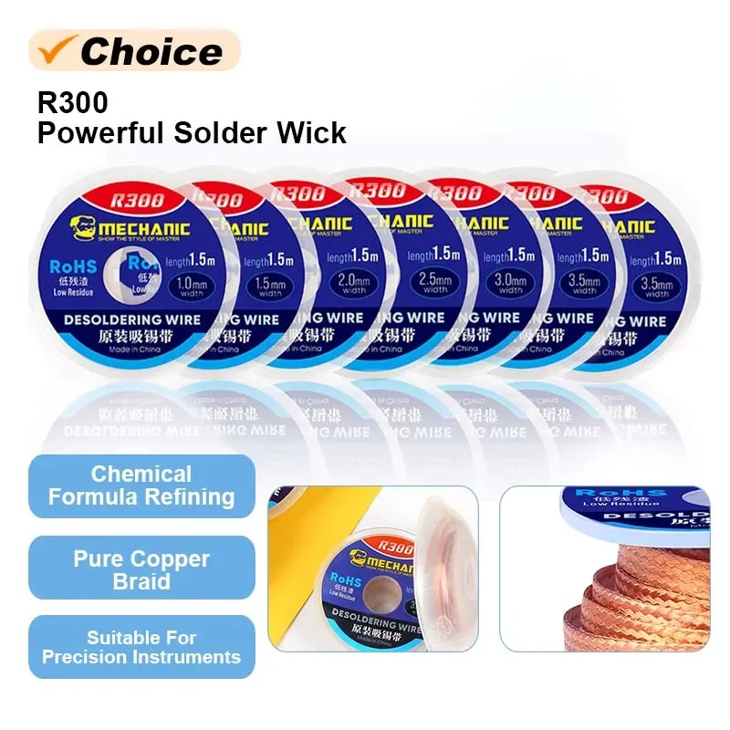 

MECHANIC R300 1.0 1.5 2.0 2.5 3.0 3.5 4.0mm Powerful Solder Wick Low Residue Desoldering Wire Tin Absorption Tape