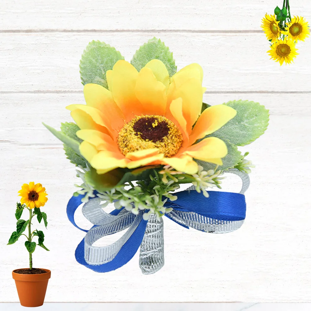 1 قطعة عباد الشمس العروة الأزرق الشريط الزفاف بروش واقعية الزفاف الصدار العروس العريس زهرة دبوس ملحقات الحفلات