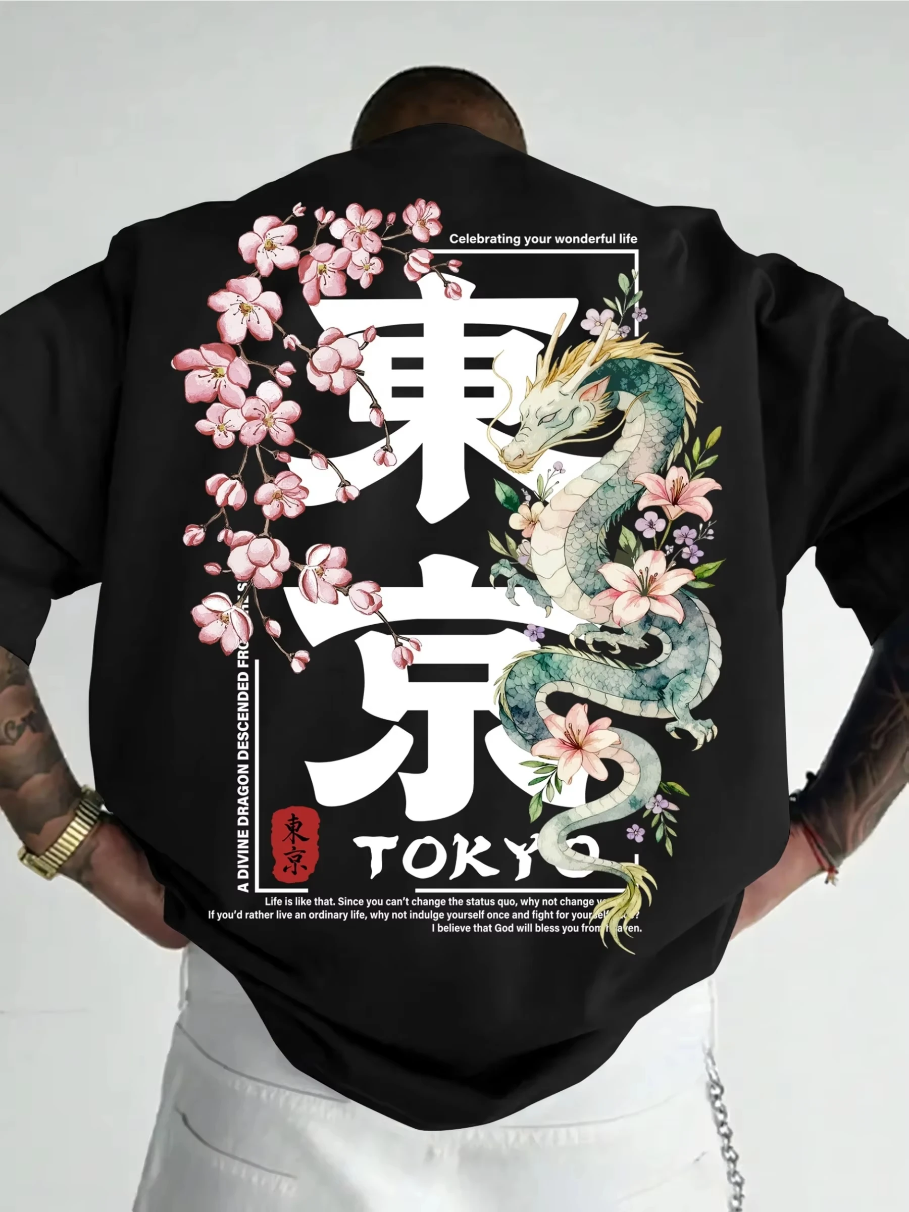 2026 New Tokyo Dragon and Cherry Blossom Pattern T-shirt for Men and Women Watercolor Art Casual Short Sleeve Cotton Top