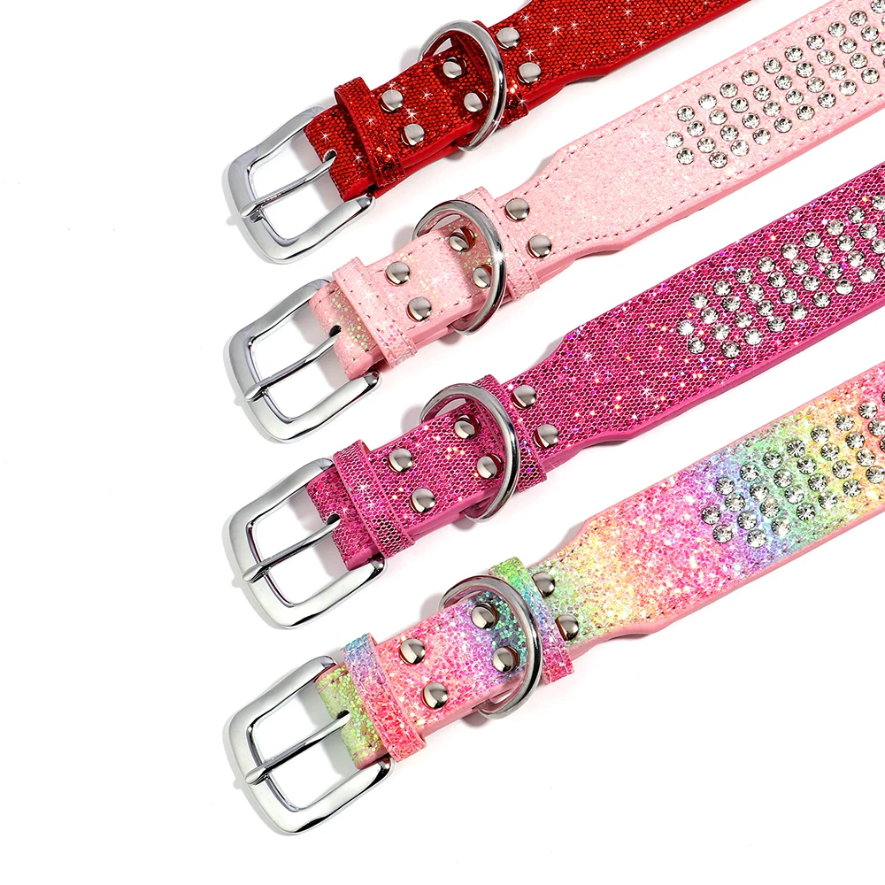 Rhinestone Leather Dog Collar Bling Crystal Wide Pet Collar 4 Row Full Diamond Dog Collars for Small Medium Large Dogs Pitbull