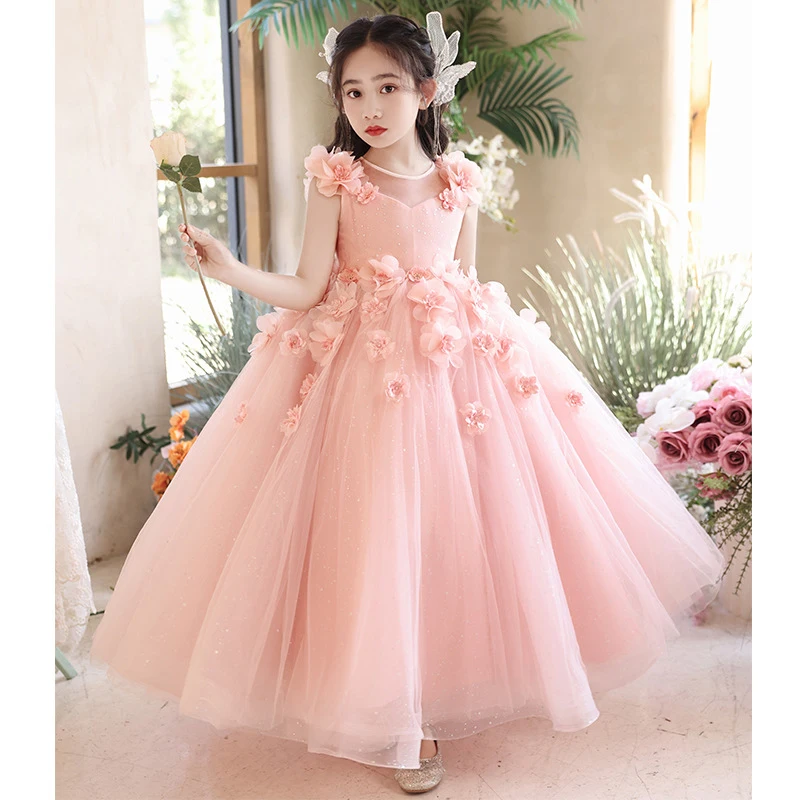 

Kids Pink Appliques Princess Dress Flower Girls Tulle Wedding Evening Dresses Children Birthday Performance Graduation Ball Gown