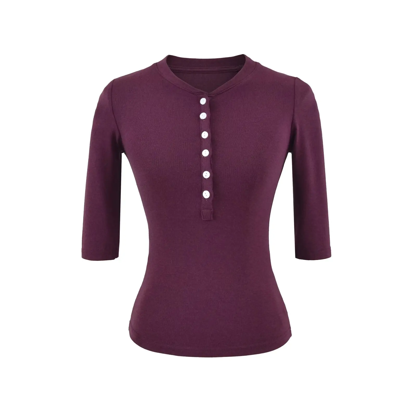Ele Slim Fit Henry Collar f Sve Top Women أوائل الخريف مطاطا T irt قاعدة أساسية متعددة الاستخدامات irt Commute Sle Cot... #3