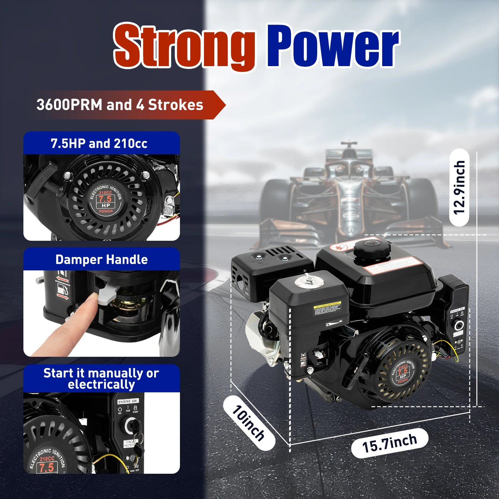 

212CC 7.5HP Gas Powered Engine 4-Stroke Electric Start Motor Horizontal Go Kart Gas Engine Side Shaft Motor Gasoline Engine