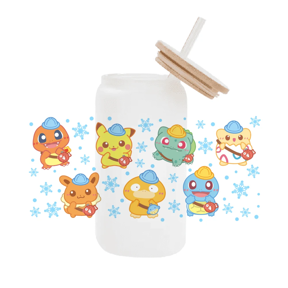 Schattige Cartoon Pokemon Pikachu Uv Dtf Overdracht Glazen Sticker Waterdichte Transfers Stickers Voor 16Oz Glazen Beker Wrap Stickers