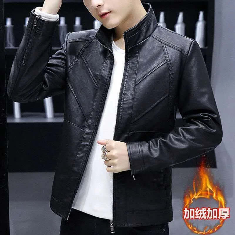 

Men's Leather Jacket Is Slim Versatile Plus Velvet Warm Casual Versatile