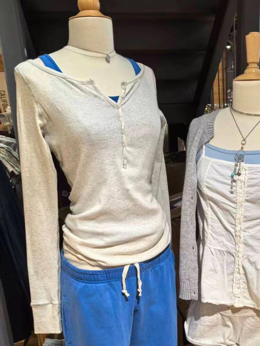 

Женские футболки с длинным рукавом светло-серого цвета, с семью пуговицами, весенние, с круглым вырезом, хлопковые, облегающие, повседневные, простые, однотонные, базовые