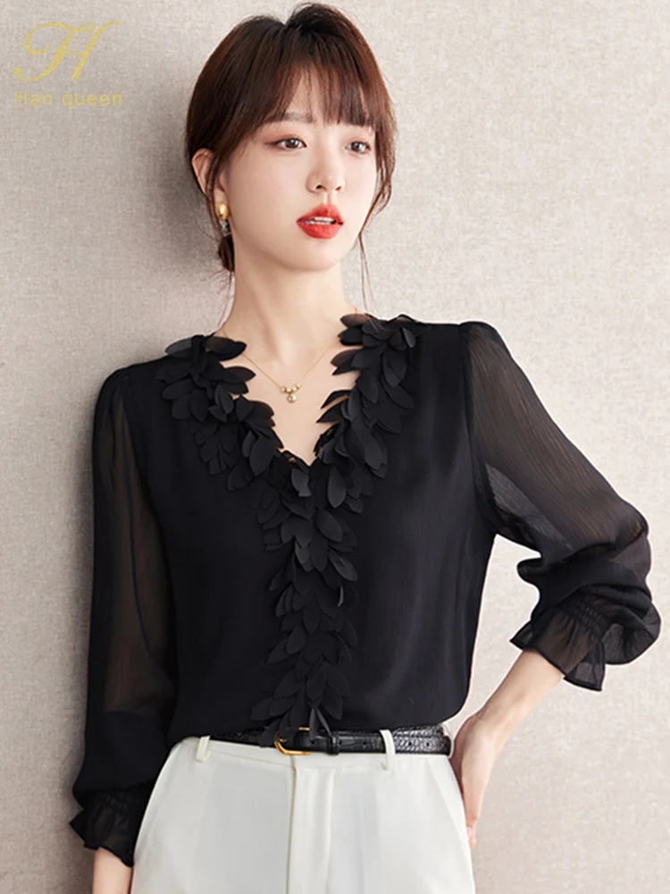 H Han Queen 2024 primavera camicetta da donna coreano Chic camicette larghe in Chiffon lavoro Casual top semplice camicia Vintage abbigliamento donna