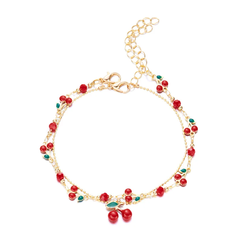 Nette Süße Rote Kirsche Kette Armband Halskette Für Frauen Vintage Gold Farbe Blume Obst Schlüsselbein Fußkettchen Hochzeit Schmuck – Detail 14
