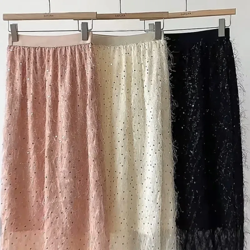 2024 Spring New Korean Women's Solid Color Sequins Fashion Sweet Versatile Elegant Elastic High Waist A-line Mid Length Skirt