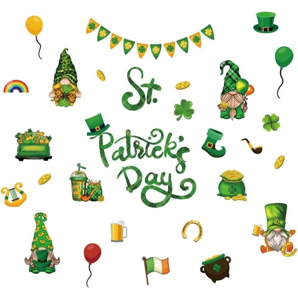 Happy St. Patrick's Day Wall Decals Dwarf Shamrocks Wall Stickers Peel and Stick Leprechauns Window Cling Decals for St.