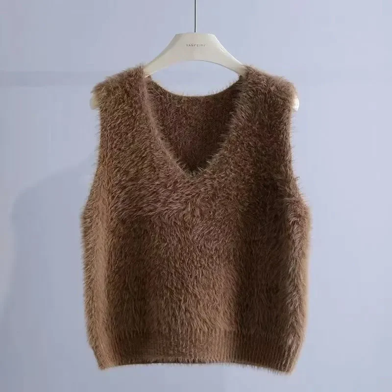 

2025 норковый плюшевый жилет, модный новый жилет, свитер для женщин, свободный вязаный свитер без рукавов