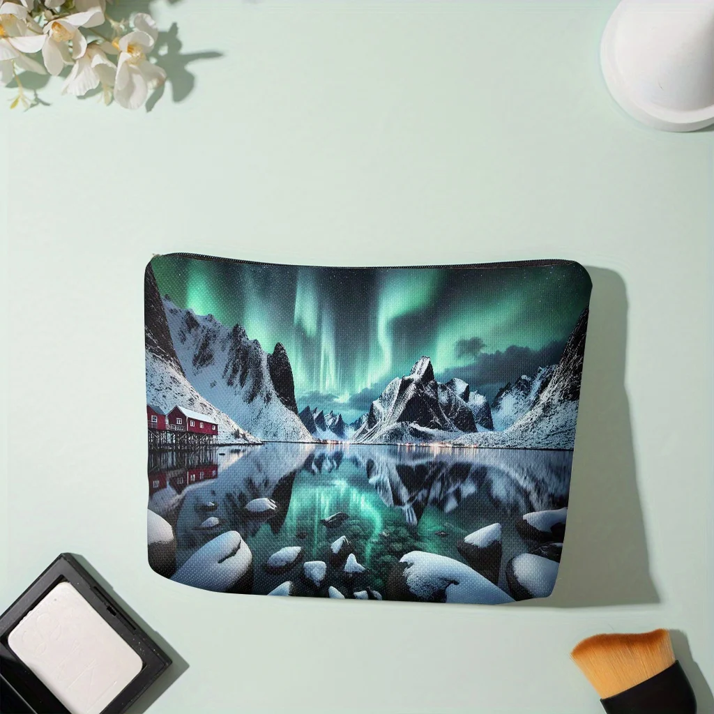 1 Piece Aurora Snow Mountain Cosmetic Bag - Women's Multifunctional Zipper Bag, Perfect Travel Zipper Storage Bag, Fun Birthday Gift