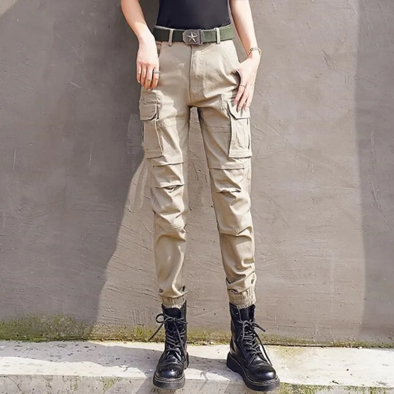 New Spring Women Cotton Cargo Pants High Waist Elastic Straight Army Fans Hiking Ankle-tied Casual Pants Military Trousers