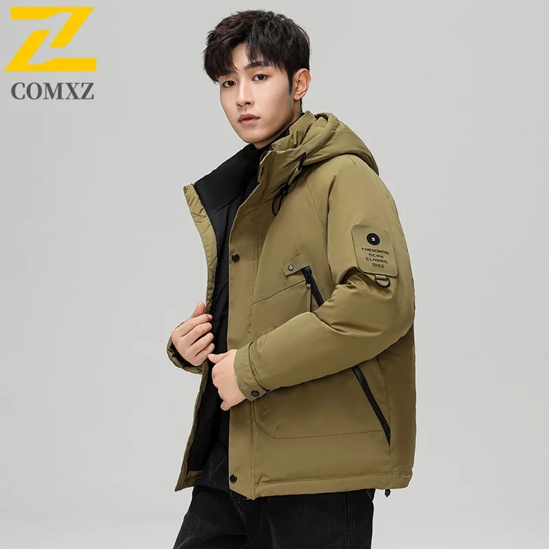 COMXZ Men's Winter Padding Solid Color Hooded Warm Outdoor Adventure Skiing Parker Coat Hiking Hooded Comfortable Puffer Jacket