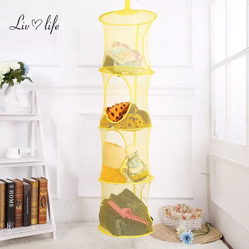 4 Shelf Foldable Toy Hanging Storage Net Organizer Space Saving for Kids Room Zipper Bra Drying Basket Mesh Stoage Bag Cage