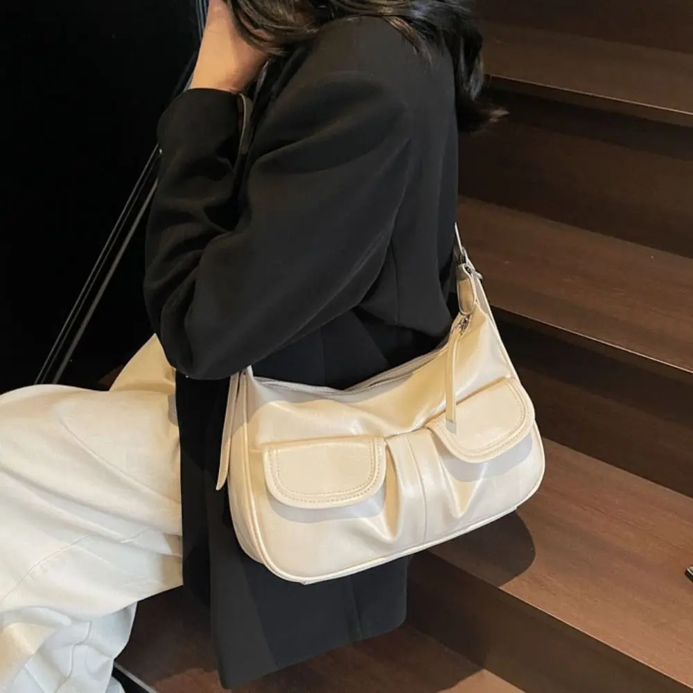 

Portable Solid Color Crossbody Bag Retro Double Pockets Shoulder Bag High-capacity PU Leather Underarm Bag Ladies