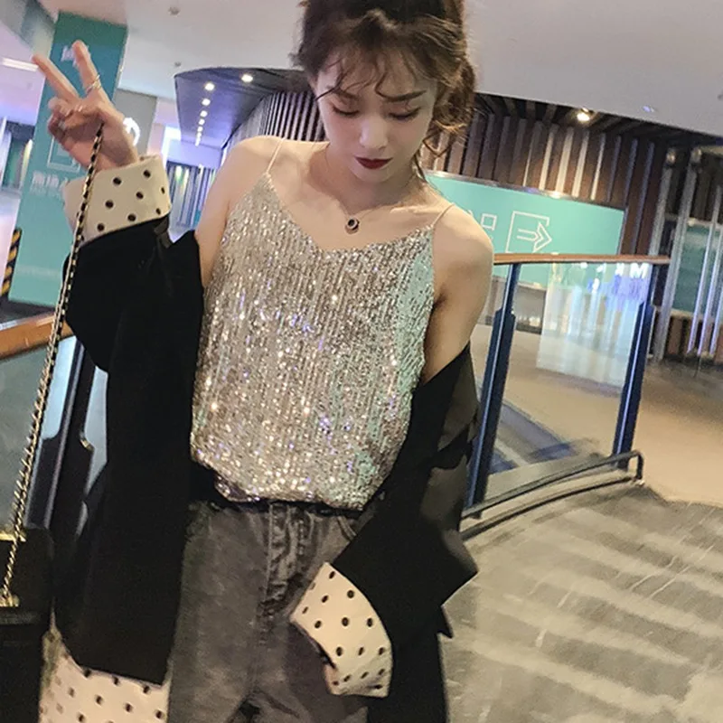 Summer  Women's Sequin V-neck Sling Vest New Sexy Glittering  Short Loose Tops Outerwear Bottoming Shirt