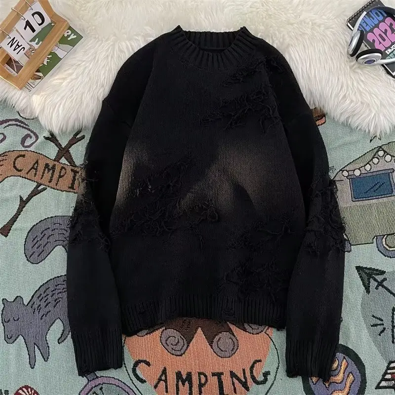 Sweater rajutan leher bulat untuk pria dan wanita, longgar dan santai, menggoyahkan tren atasan serbaguna