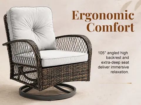 Ergonomic Patio Swivel Rocking Wicker Furniture, Beige Soft Thick Cushioned PE Rattan Armchairs, Equipped With Tempered Glass Wicker Side Table, Weather‑Resistant Outdoor Leisure Seating Set, 3‑Pieces For Garden, Balcony, Backyard, Pool Deck