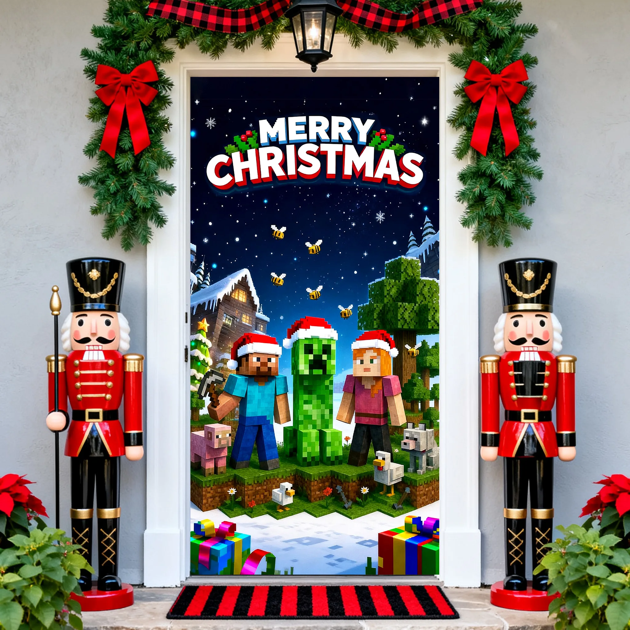 

game Christmas Theme background Steve cube pixel Santa Claus country festival banner room door decoration backdrop