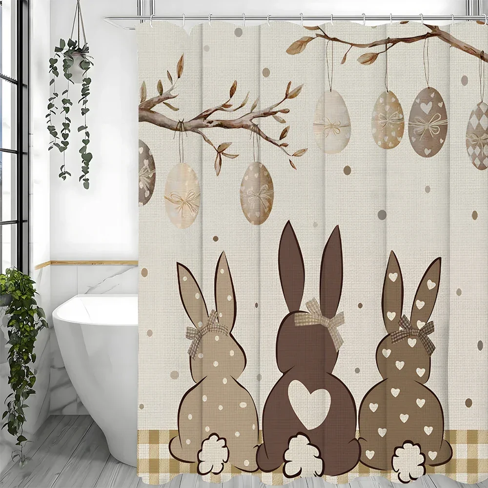 Easter Cute Bunny Eggs Bow Tie Grommet Shower Curtain, Bathroom Decorative Shower Curtain, Waterproof Shower Curtain with HooksV
