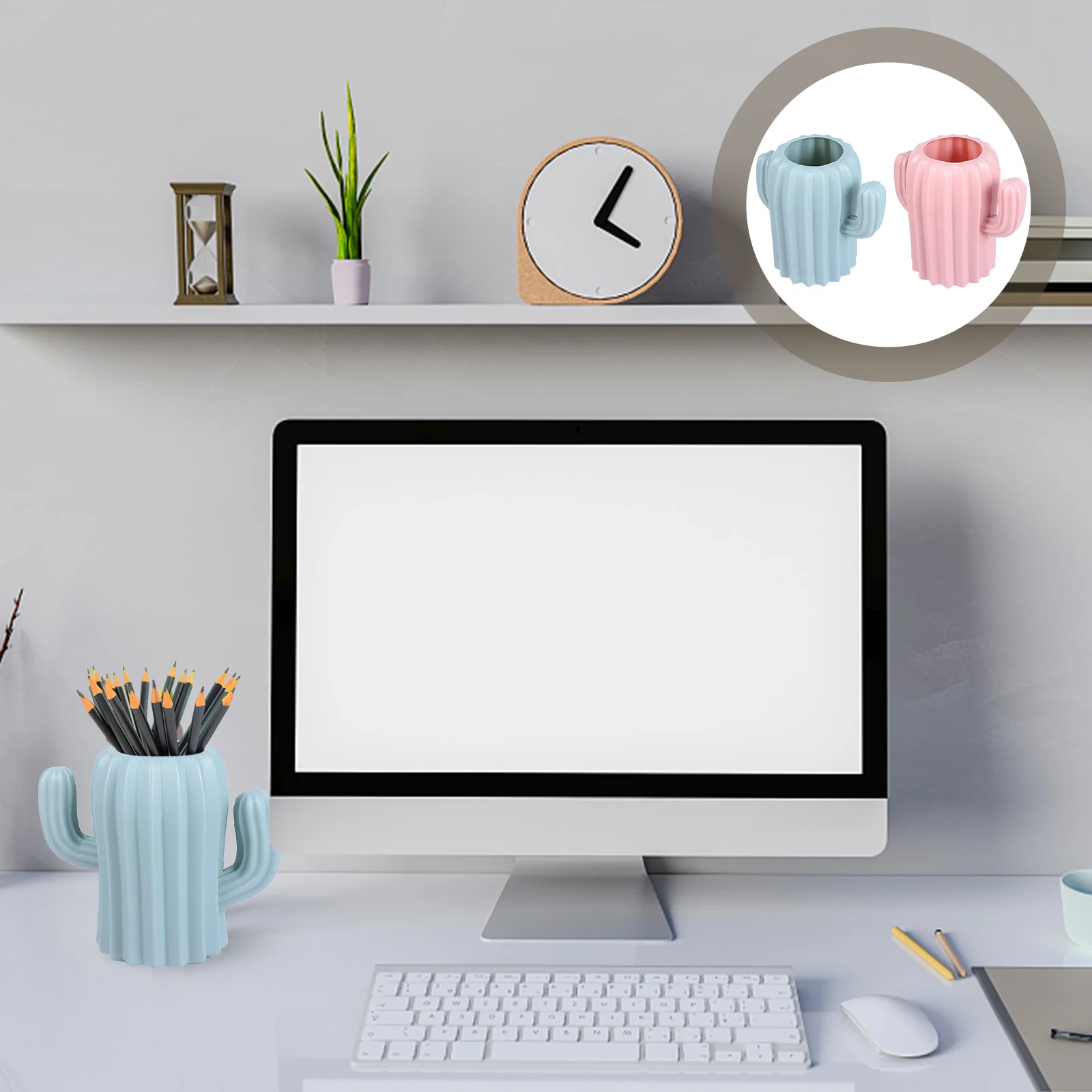 

2Pcs Cactus Brush Pot Neat Elegant Pen Container for Stationery Cosmetics Organizer Desktop Adornment Room Decor Use