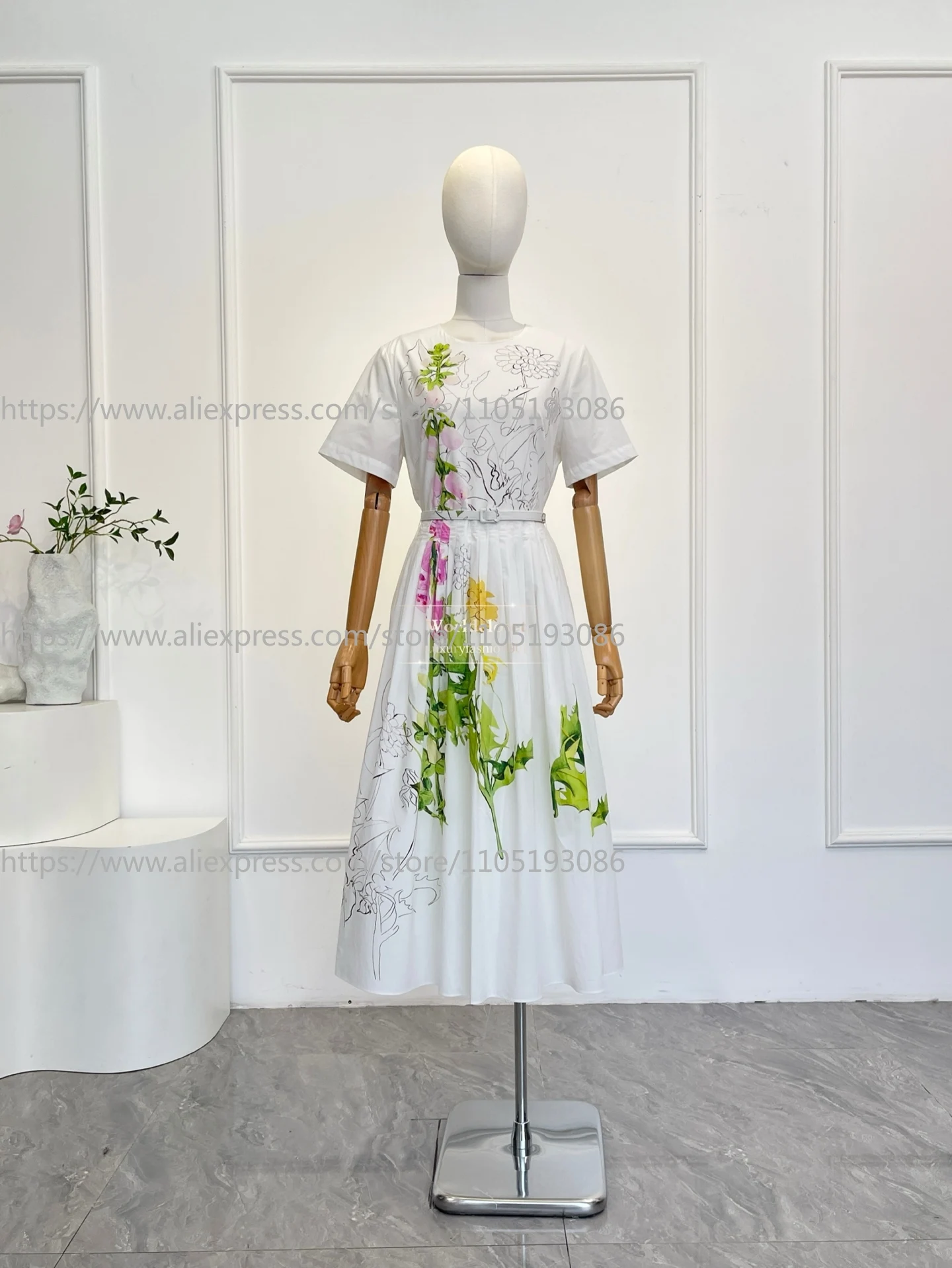 

2026 New White Floral Sketch Print Short Sleeve Belted Midi Dress for Women