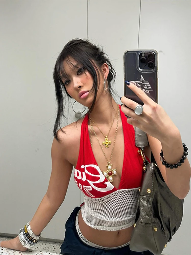 Style américain Sexy col en v profond haut à licou couleur contrastée épissage haut court à la mode polyvalent été gilet 2025 nouveau