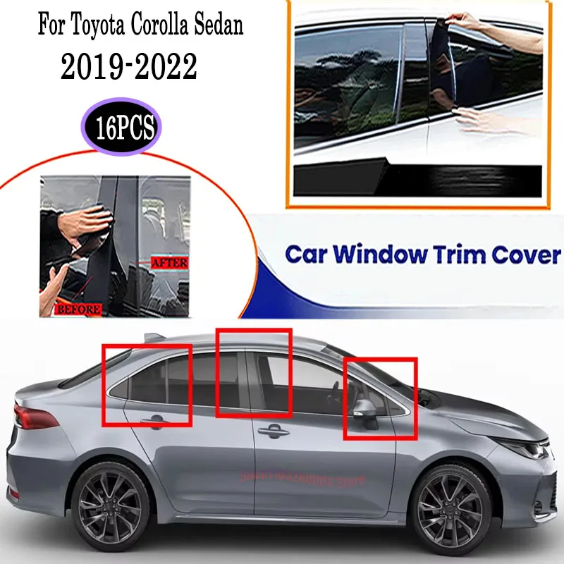 

For Toyota Corolla Sedan 2019-2022 16Pcs High Gloss Black & Silver Carbon Fiber Window Pillar Post Cover Protective OE Set