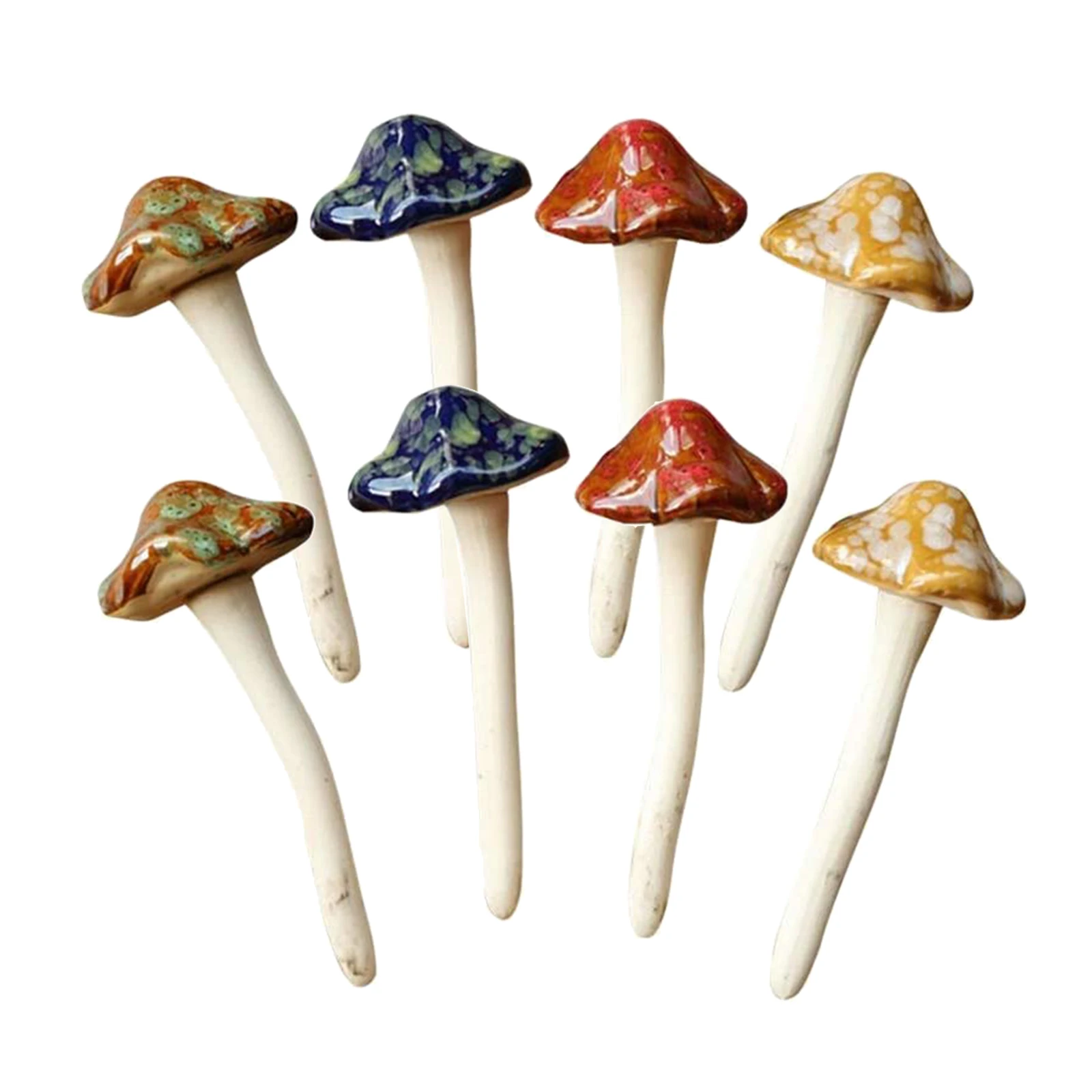 8Pcs/Set Ceramic Pottery Mushroom Statues Tree Stakes Ornament Outdoor Figure for Fairy Gardens Yard Lawn Bonsai Decor