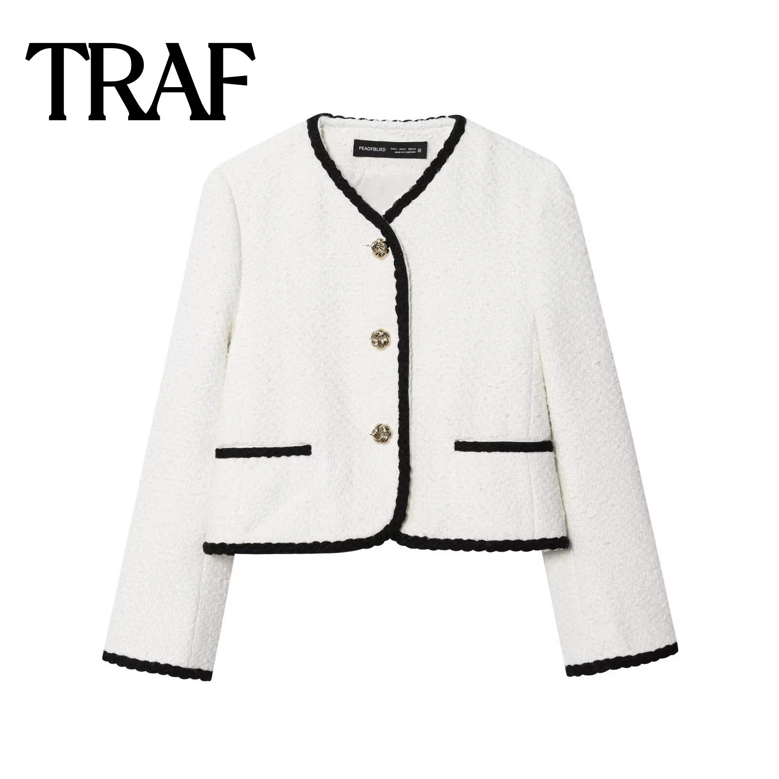 

TRAF Women's Small Fragrant Style 2025 Autumn New Collection Color Contrasting Border Metal Button Loop Velvet Coat