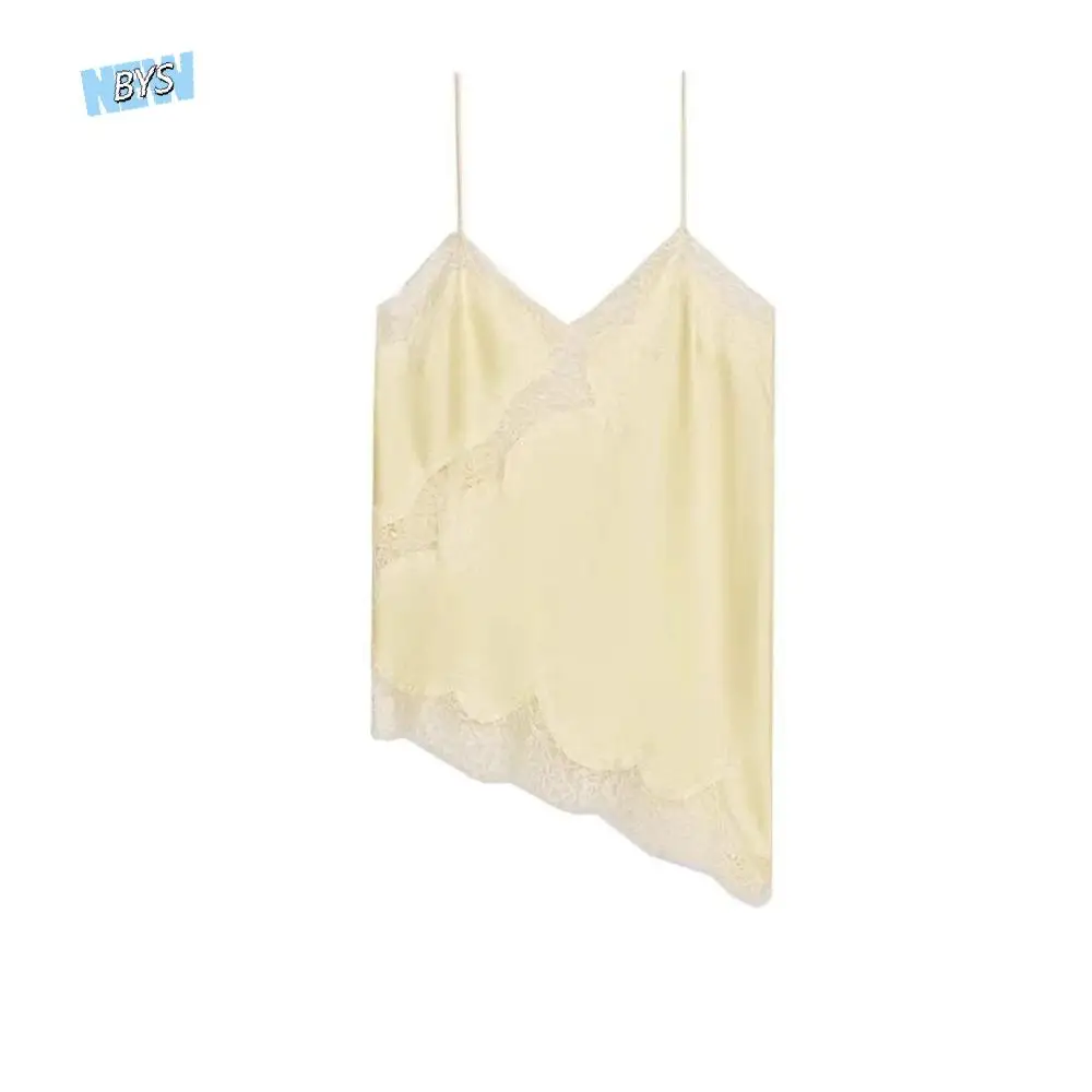 เสื้อครอปสายเดี่ยวลูกไม้หลวมๆ สไตล์ฝรั่งเศส เซ็กซี่ โชว์หลัง ไม่มีแขน ทรงไม่สมมาตร เหมาะสำหรับฤดูใบไม้ผลิและฤดูร้อน