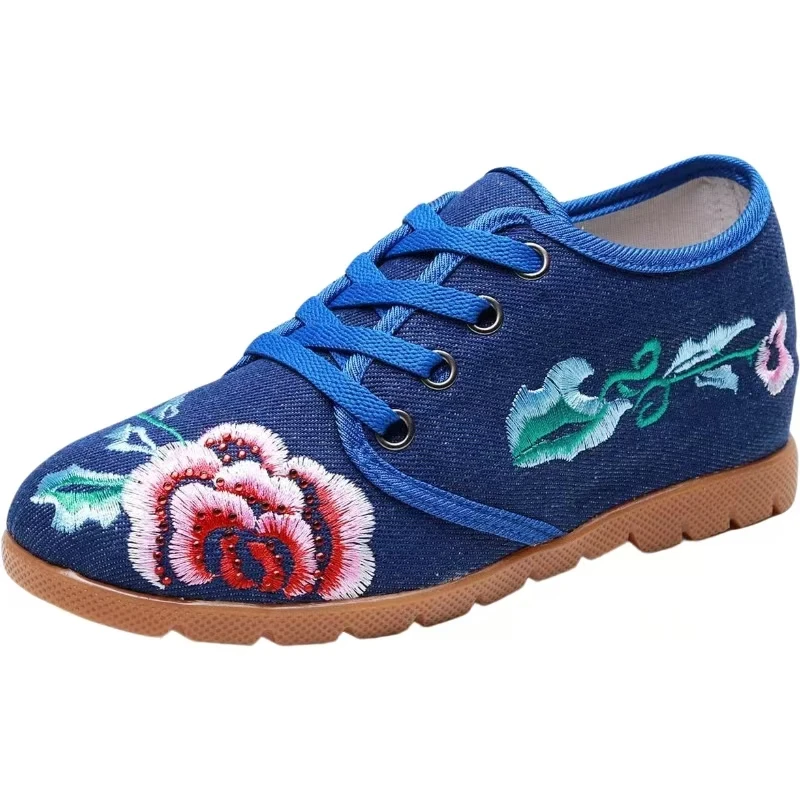 Woman Increased Internal Embroidered Cloth Shoes Ethnic Style Spring Autumn New Round Toe Lace Up Wedges Casual Nude Shoes