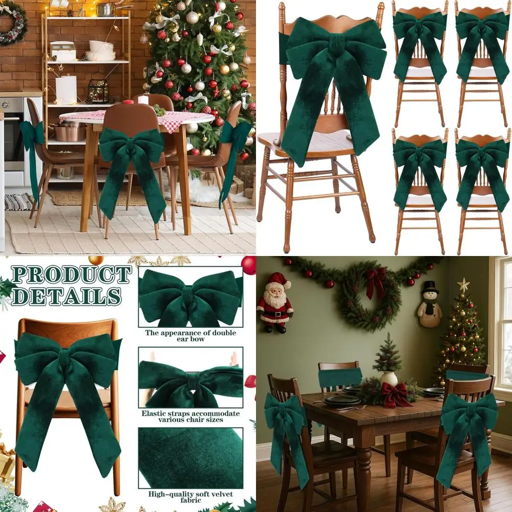 

Christmas Velvet Chair Sashes with Large Green Bows for Holiday Party, 15.7x23.6 Inch