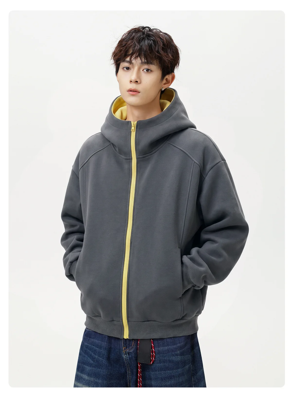 Half-High Neck Cardigan Hoodie Soft Heavyweight Color-Blocked Hooded Sweatshirt Jacket Windproof Durable Soft