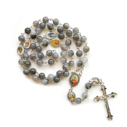 Gray Acrylic Beads Cross Rosary Necklace Long Pendant Catholic Pray Religious  Jewelry