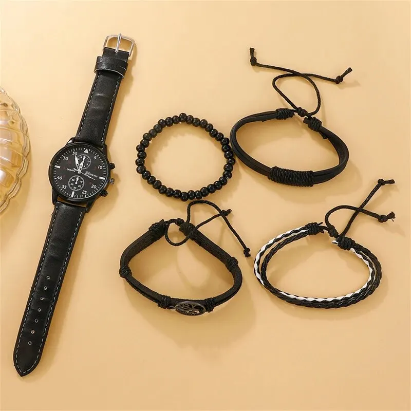 5PCS Ensemble De Mode Hommes Sport Montres Homme D'affaires Quartz Bracelet En Cuir De Luxe Hommes Casual Horloge Montre