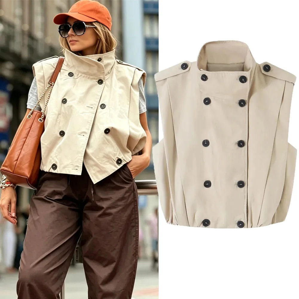 Damen Casual Frühling Herbst Tanktop Weste Stehkragen Doppelreihig Ärmelloses Oberteil Herbst Büro Blazer Schicke Weste für Frauen